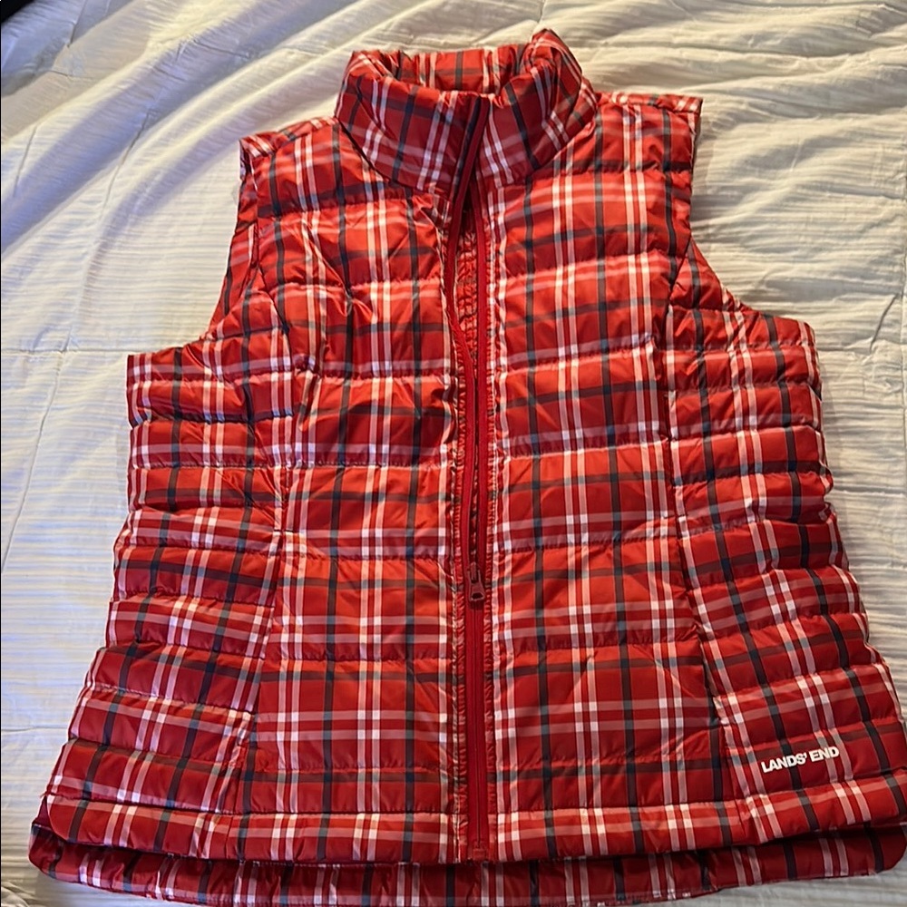 Lands' End Women's Vibrant Red White and Blue Checkered Vest SMALL LIKE NEW